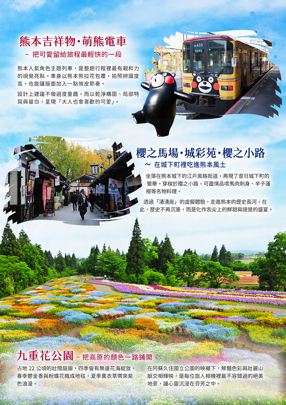 湯布院.九州自然野生動物園.柳川遊船.九重花公園.萌熊電車