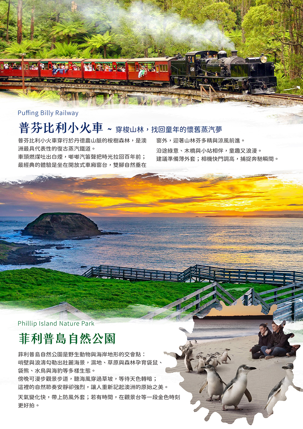皇后碼頭遊船.歐雷利酒莊品酒+羊駝農場體驗.天堂鄉農莊+無尾熊拍照.雪梨 – 雪梨塔自助晚餐.藍山國家公園.雪梨灣黃昏遊船+晚餐.蒸汽火車 + 菲利普島企鵝.霍希爾巷（塗鴉巷）