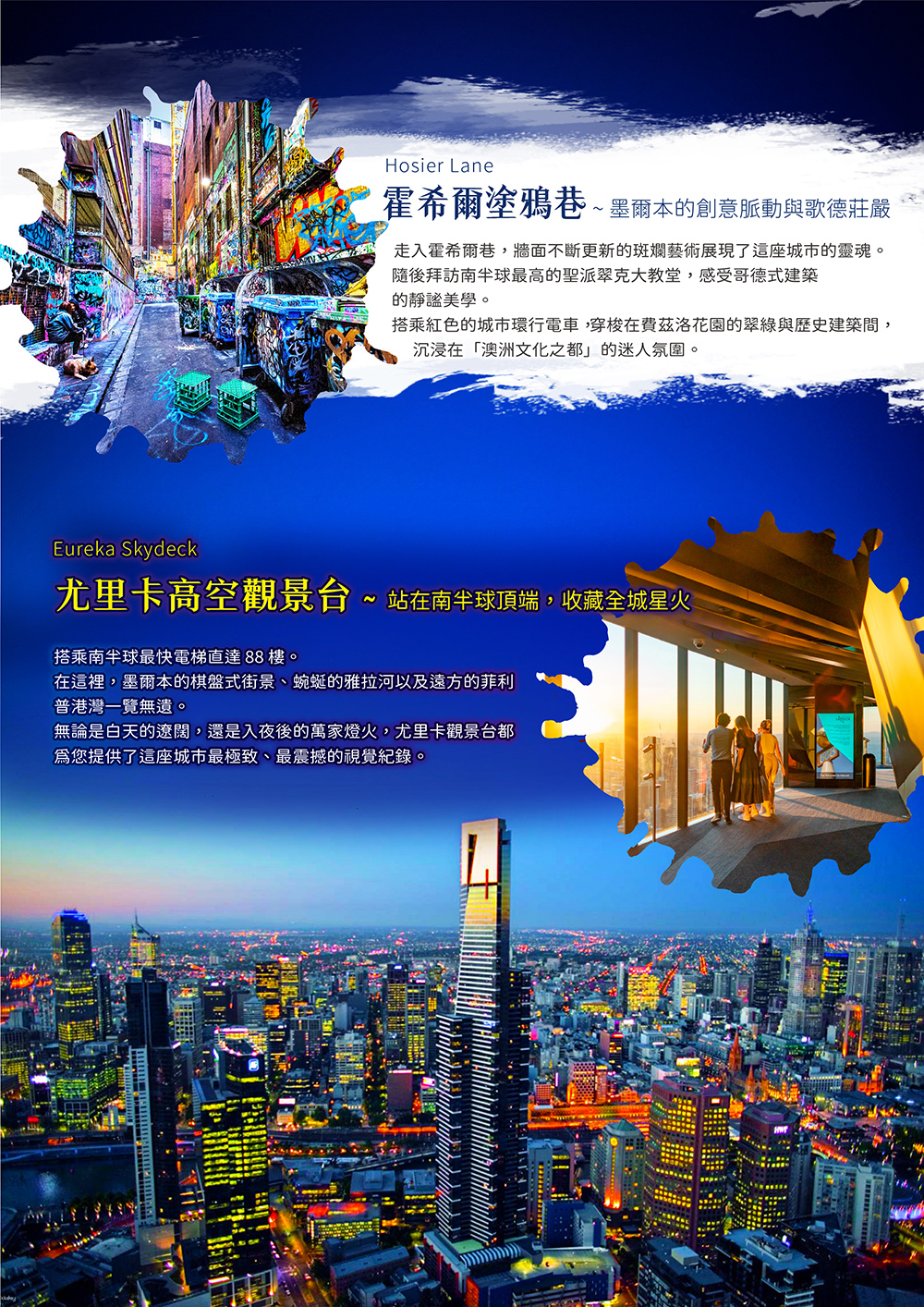 皇后碼頭遊船.歐雷利酒莊品酒+羊駝農場體驗.天堂鄉農莊+無尾熊拍照.雪梨 – 雪梨塔自助晚餐.藍山國家公園.雪梨灣黃昏遊船+晚餐.蒸汽火車 + 菲利普島企鵝.霍希爾巷（塗鴉巷）