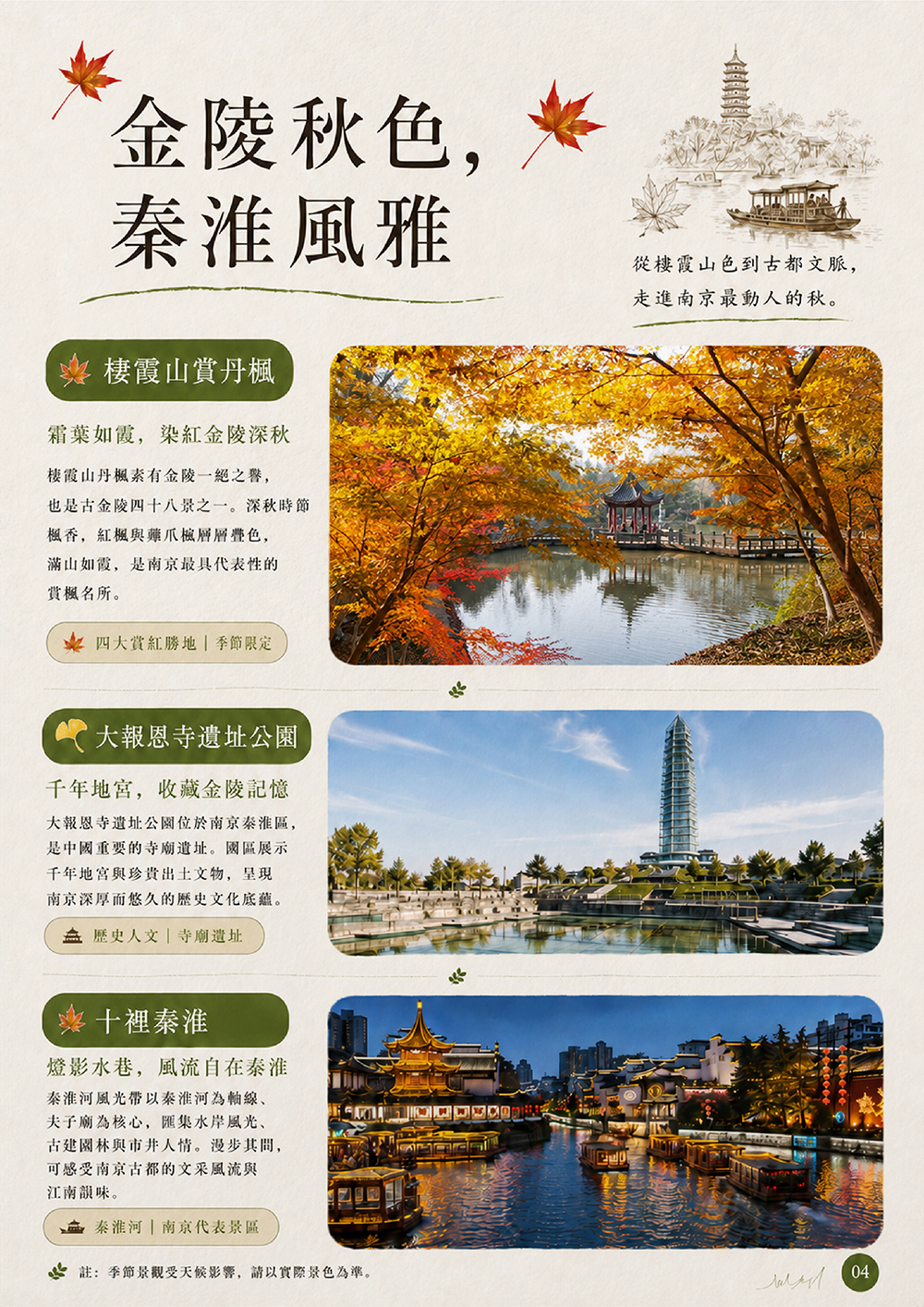 尚湖乘竹筏遊紅杉林 . 史公祠賞銀杏 . 個園賞楓 . 丹頂鶴自然保護區 . 天泉湖賞楓 . 棲霞山賞丹楓 . 天平山賞楓