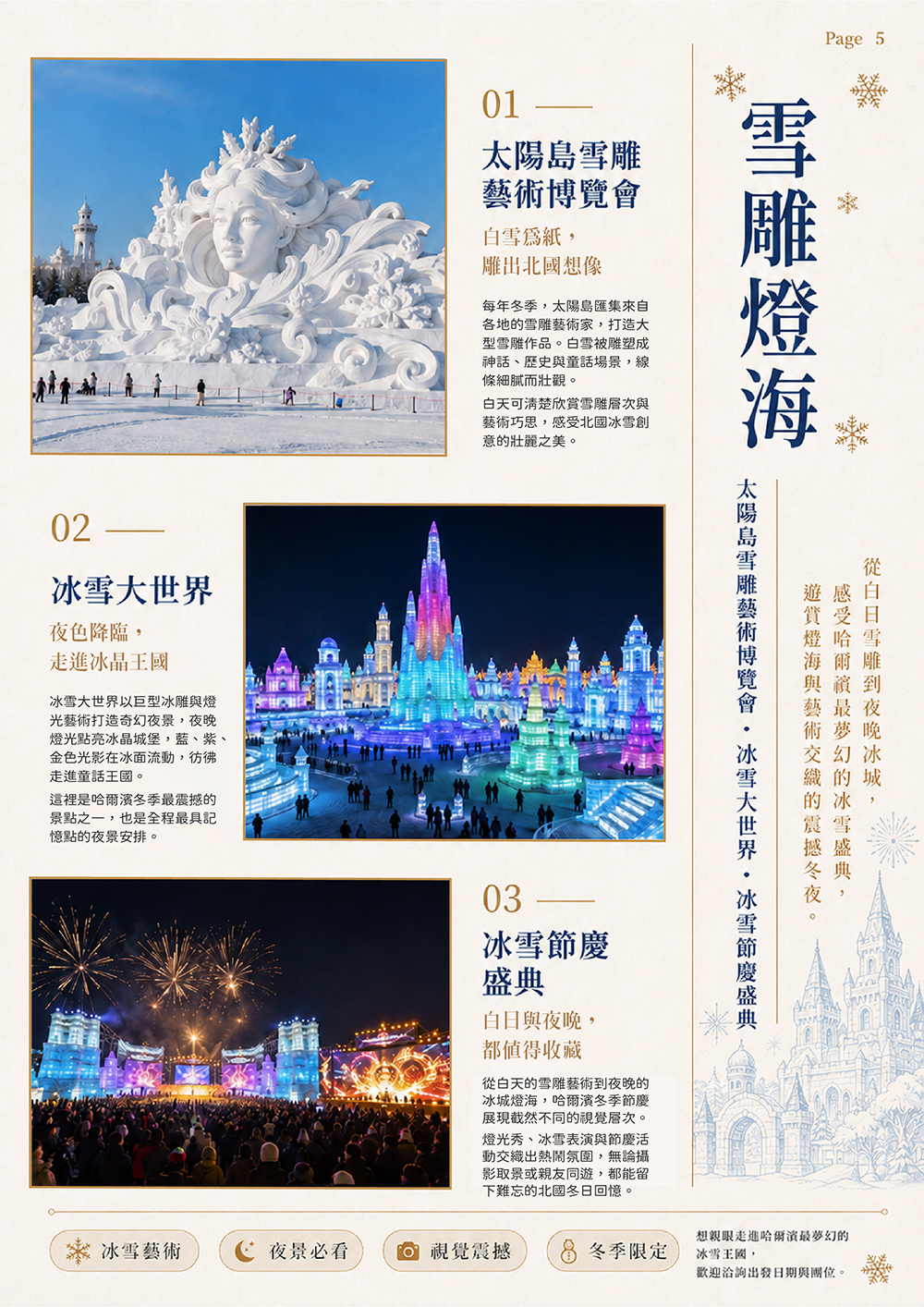 鏡泊湖風景區 . 哈爾濱 . 松花江霧淞長廊 . 伏爾加莊園 . 太陽島國際雪雕藝術博覽會 . 東北虎林園 . 冰雪大世界